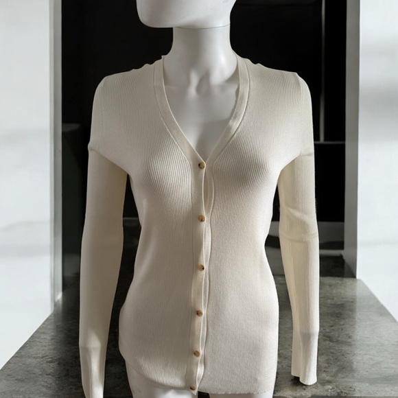 The Row Sweaters - The Row Ivory Ribbed Knit Cardigan